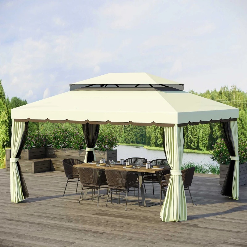 Outsunny Gazebo da Giardino 4x3 m con Zanzariera e Tende, Tetto Doppio e Rivestimento Anti-UV, Crema