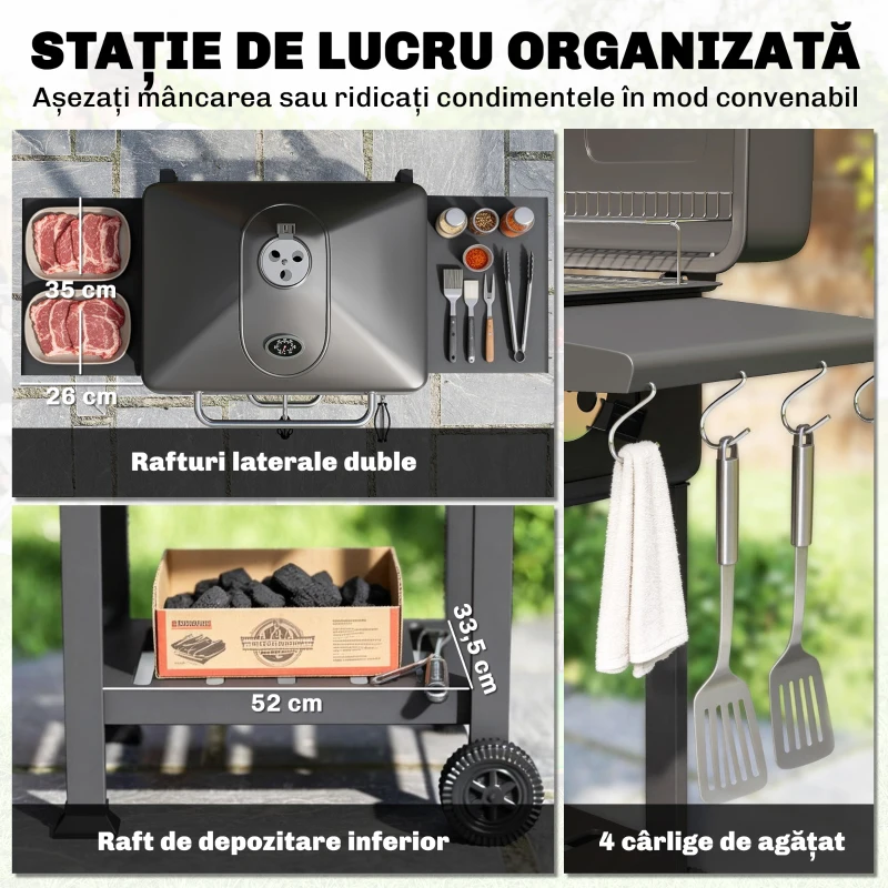 Outsunny Grătar de Exterior Negru cu Cărbune, Rafturi și Roți