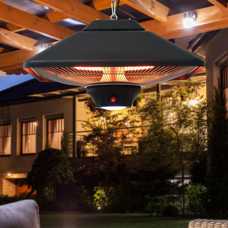 Outsunny Calefactor Exterior 1000/2000W Estufa Colgante de Techo Infrarrojos Halógeno con Control Remoto y Luz LED 43x43x25 cm Negro