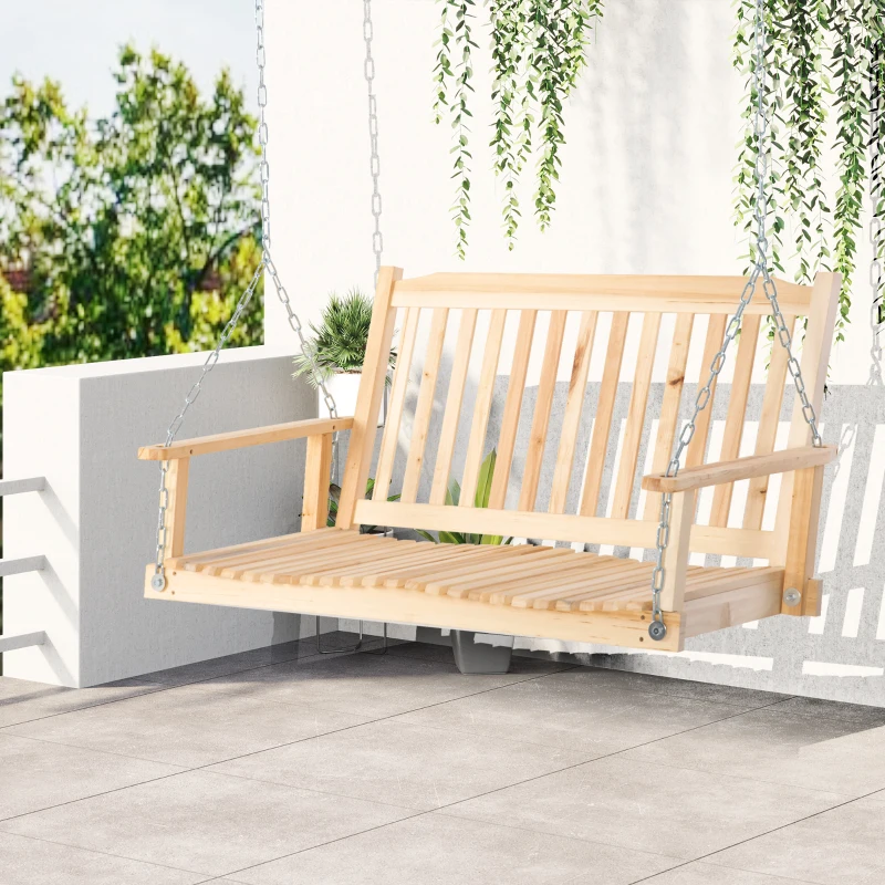 Outsunny Leagăn de Grădină pentru 2 Persoane Cușcă de Leagăn Masiv Patio Terasă Curte Lemn Natural 117 x 69 x 60 cm