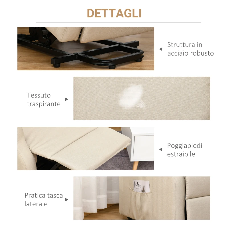 HOMCOM Poltrona Elettrica Alzapersona Reclinabile 135°, Portata 200KG, Poltrona Relax Elettrica in Tessuto Effetto Lino con Telecomando, Poggiapiedi e 1 Tasca Laterale per Soggiorno, Bianco Crema