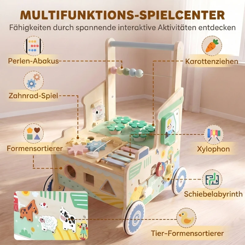 AIYAPLAY Baby Loopwagen met Wielen, Blokken en Opbergruimte, Montessori Activiteitencentrum, Groen, 1-3 Jaar