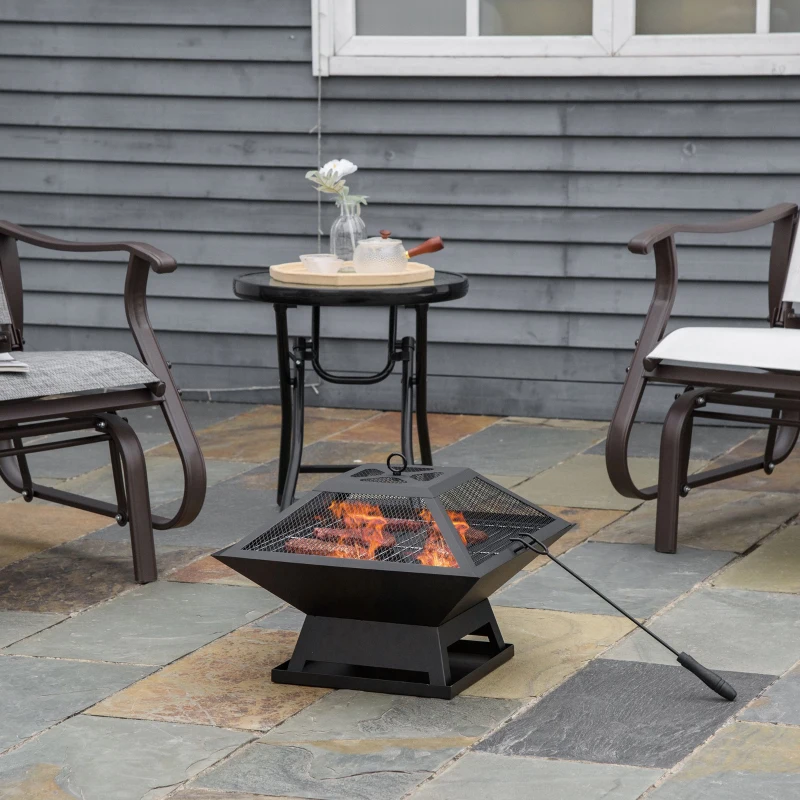 Outsunny Brasero Exterior de Acero Pozo de Fuego para Jardín Multifuncional con Protector de Chispas y Atizador 45x45x34cm Negro