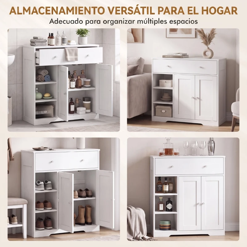 HOMCOM Armario de Baño Estrecho con Cajón 2 Puertas y 3 Estantes Abiertos 80x30x80,2 cm para Cocina Salón Blanco Veteado