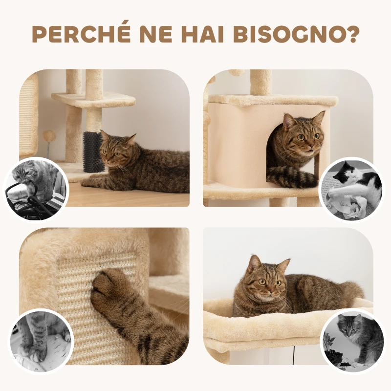 PawHut Albero per Gatti Multilivello Alto 104 cm con Casetta, Lettino, Pali Tiragraffi, Spazzola e Pallina, Beige