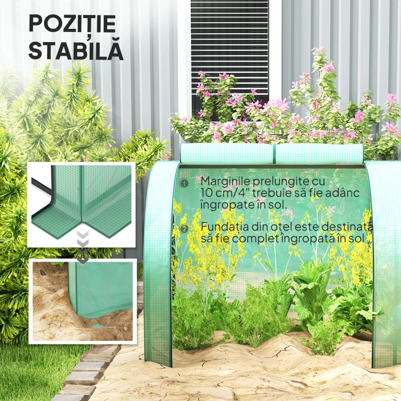 Outsunny Seră Tip Tunel din Oțel și Plastic Impermeabil Anti UV cu 4 Uși, 395x100x80 cm, Verde