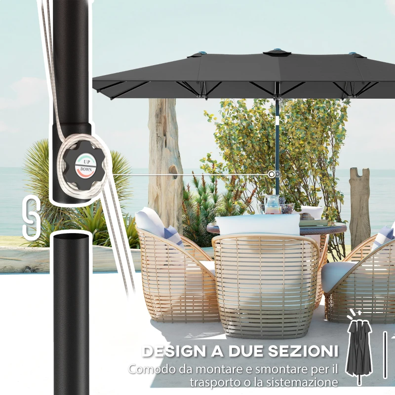 Outsunny Ombrellone Doppio Inclinabile e Regolabile con Cordicella, in Poliestere e Metallo, 150x295x170-214 cm, Grigio