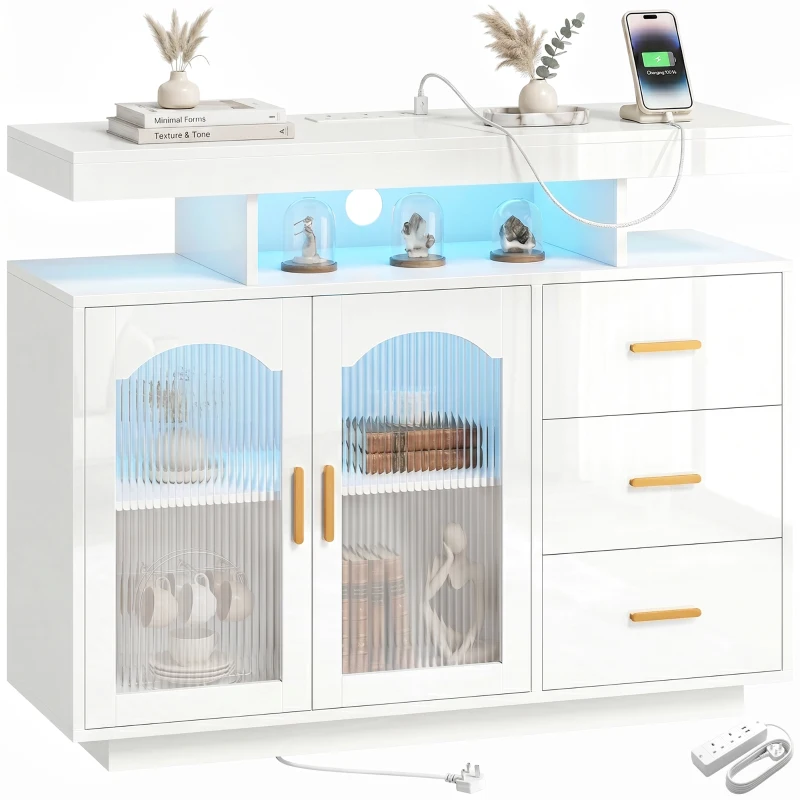 HOMCOM High Gloss Sideboard with LED Lights, Built-in Power Outlets, 3 Drawers, Shelves and 2 Acrylic Doors, White