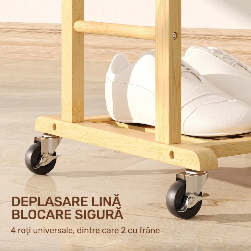 HOMCOM Servomut 4 în 1 pe roți, cu 2 bare, tavă pentru chei și raft pentru pantofi, din bambus, 47x33,7x105,5 cm