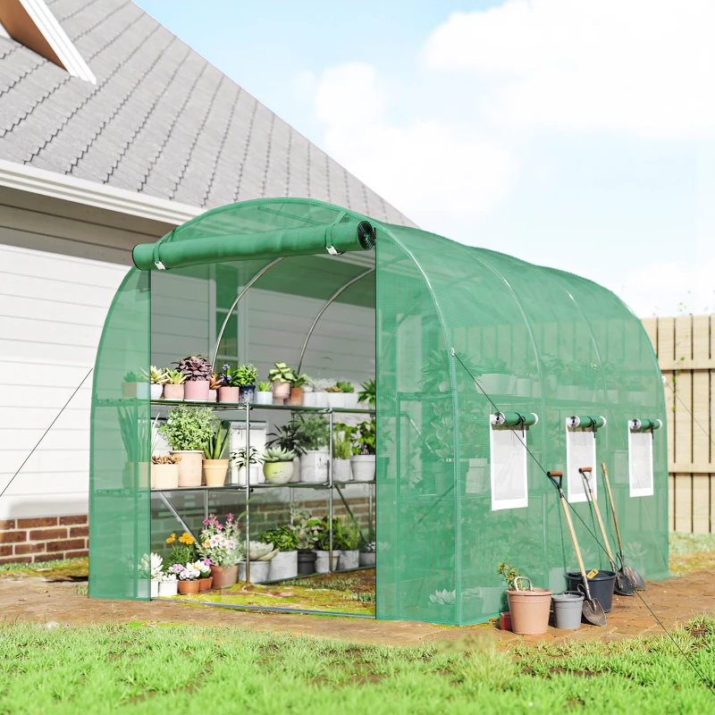 Outsunny Invernadero de Exterior 2,8x2x1,9 m con Estantes Invernadero de Túnel con Puerta Enrollable 6 Ventanas de Malla Verde