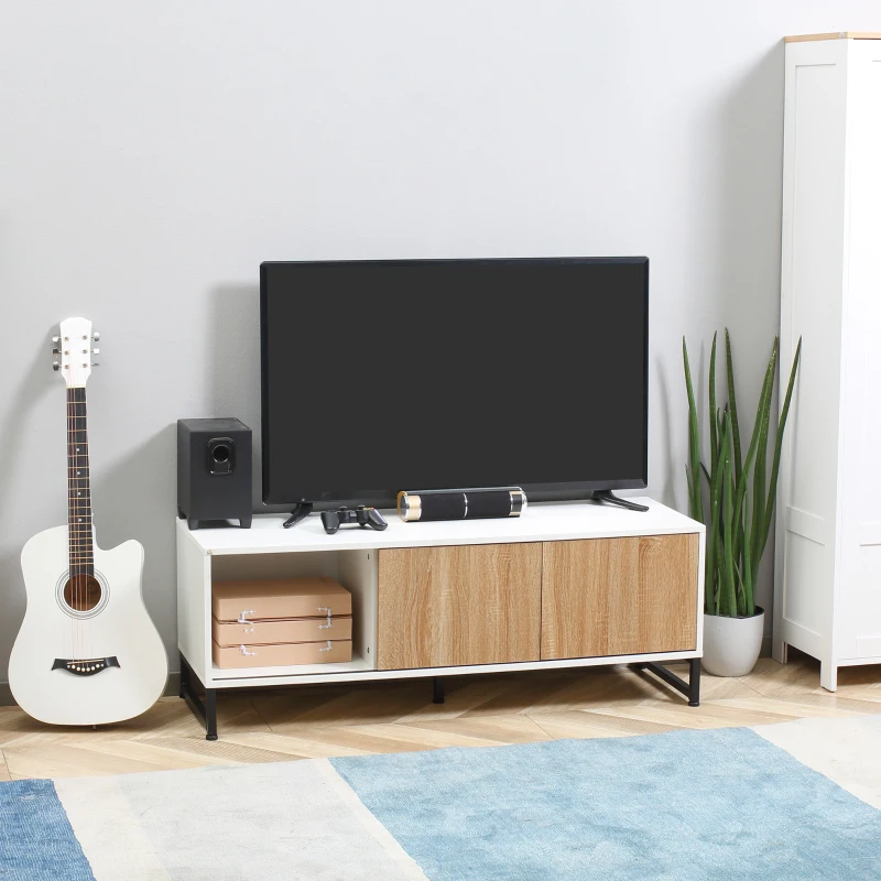 HOMCOM Mobile TV Moderno 50" max in Truciolato e Acciaio con 2 Ripiani Aperti e 2 Armadietti Chiusi, 120x39.5x45 cm