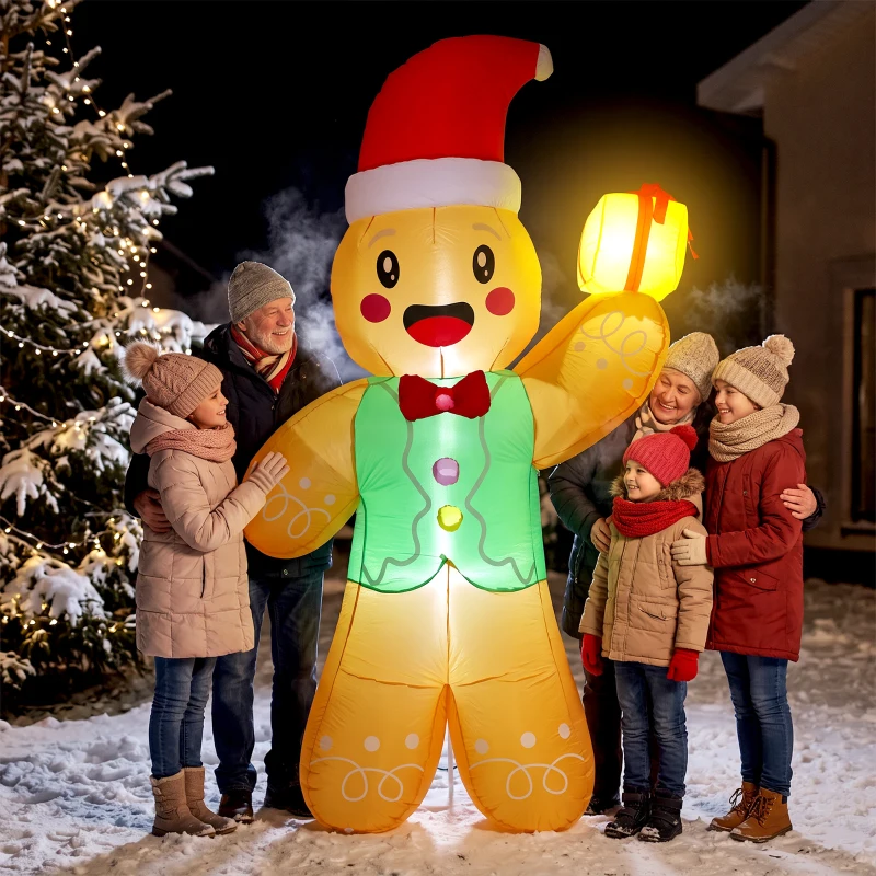 Outsunny Om din Turtă Dulce Gonflabil de Crăciun 2,5 m cu LED-uri, cutie cadou și ventilator, pentru interior și exterior