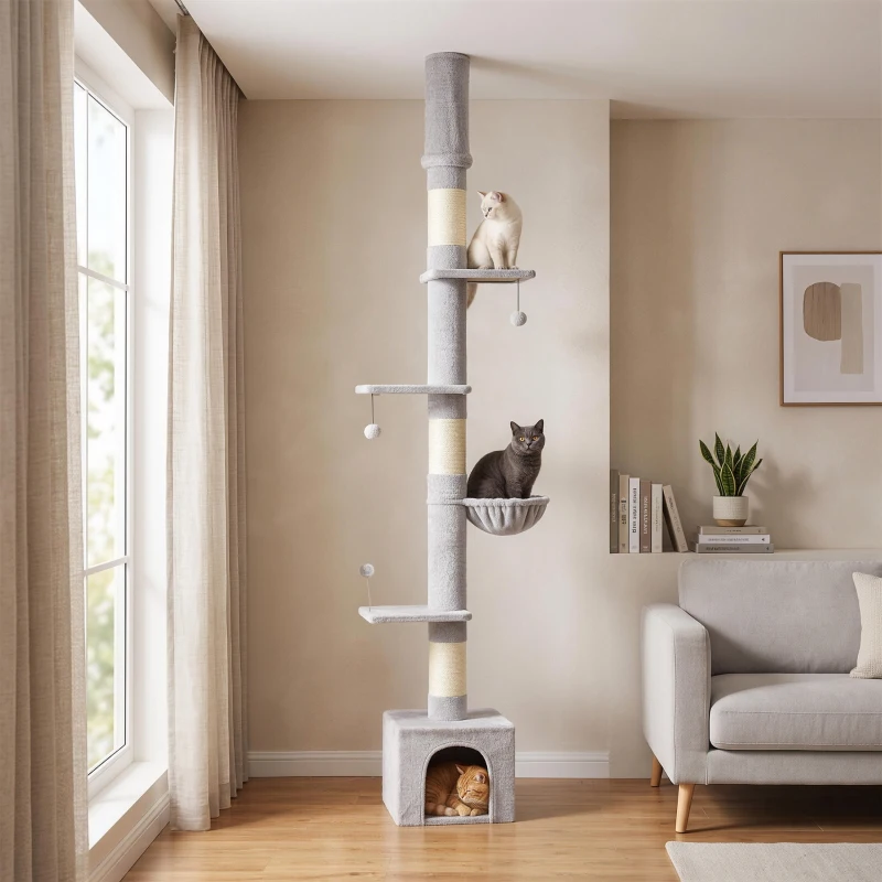 PawHut Floor to Ceiling Cat Tree, 230-250cm Multi-Level Cat Tower with Adjustable Height, Scratching Posts, Condo, Platforms