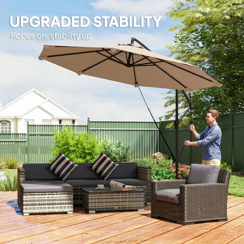 Outsunny 3 m Cantilever Parasol with Protective Cover and Wind Ropes, Banana Parasol with Crank Handle, Khaki