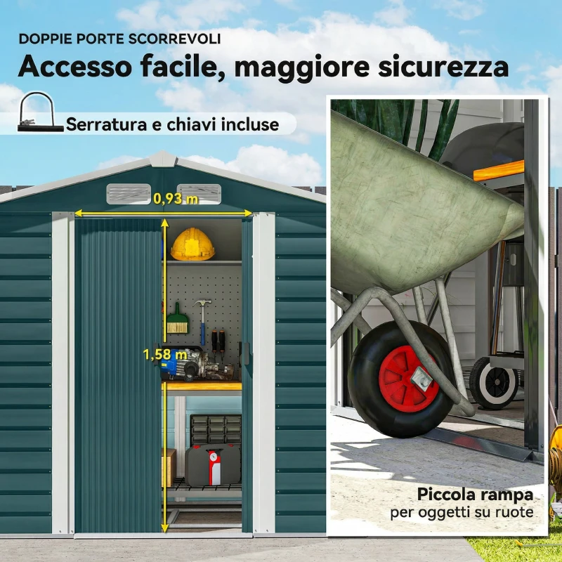 Outsunny Casetta da Giardino in Metallo con Porte Scorrevoli e Lucchetto con Chiavi, 2.1x1.2x1.9m, Verde