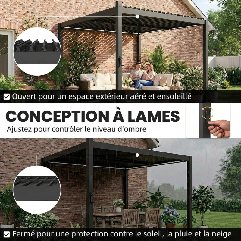 Outsunny Pergola bioclimatique 3x3m avec lumières LED solaires, pergola à lames orientables, gouttières, noir