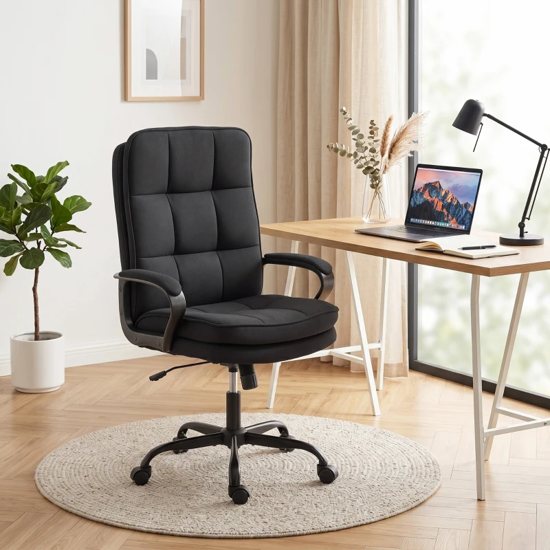HOMCOM Double Padded Linen-Look Office Chair - Black