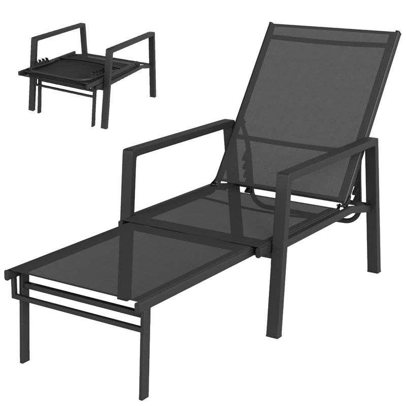 Outsunny Chaise Longue Jardin Réglable à 5 Positions avec Repose-Pieds Rétractable et Accoudoirs, Acier, 63x185x55cm, Noir