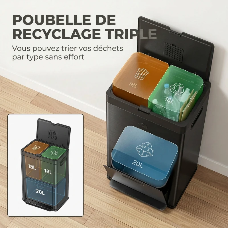 HOMCOM Poubelle Rectangulaire à Pédale, Poubelle Cuisine 56L, 3 Compartiments, Fermeture Douce, Acier Inox, 45,7x35,8x76cm Noir