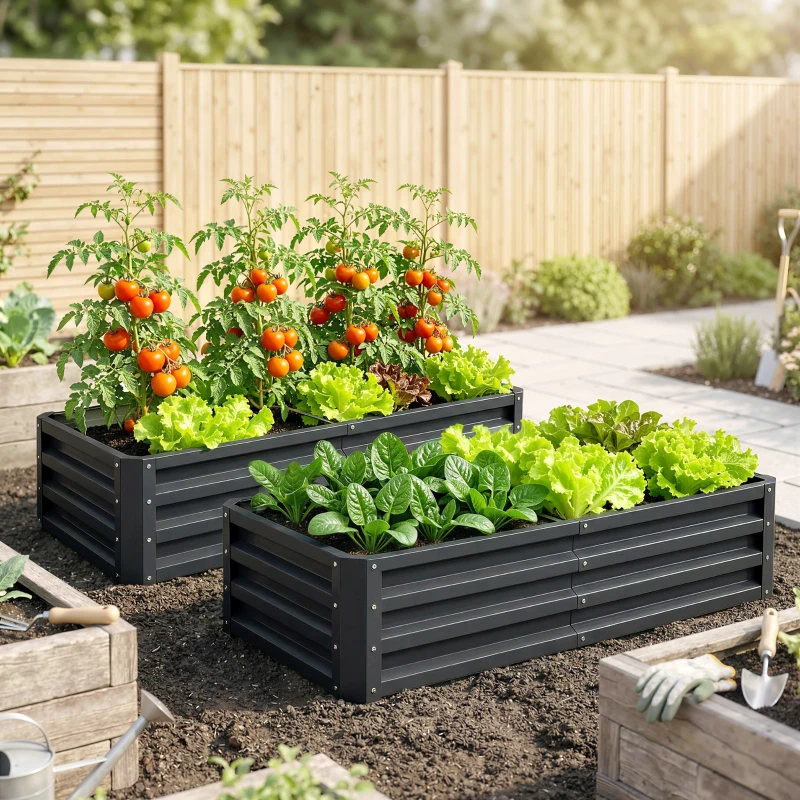 Outsunny Set of 2 Raised Beds for Garden, Galvanised Outdoor Planters for Herbs Vegetables, Use for Patio Balcony, Grey