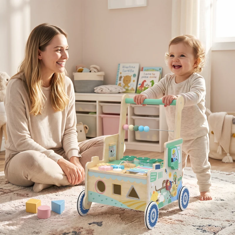 AIYAPLAY Baby Loopwagen met Wielen, Blokken en Opbergruimte, Montessori Activiteitencentrum, Groen, 1-3 Jaar