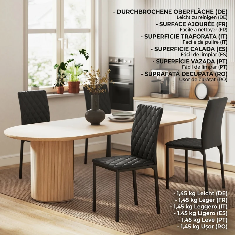 HOMCOM Set de 4 scaune pentru dining din piele sintetică cu cusături romboidale și picioare din metal, negru(m-6)