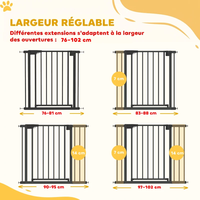 PawHut Barrière de sécurité pour chiens et bébés 76 à 102 cm avec extension fixation par pression sans perçage blanc
