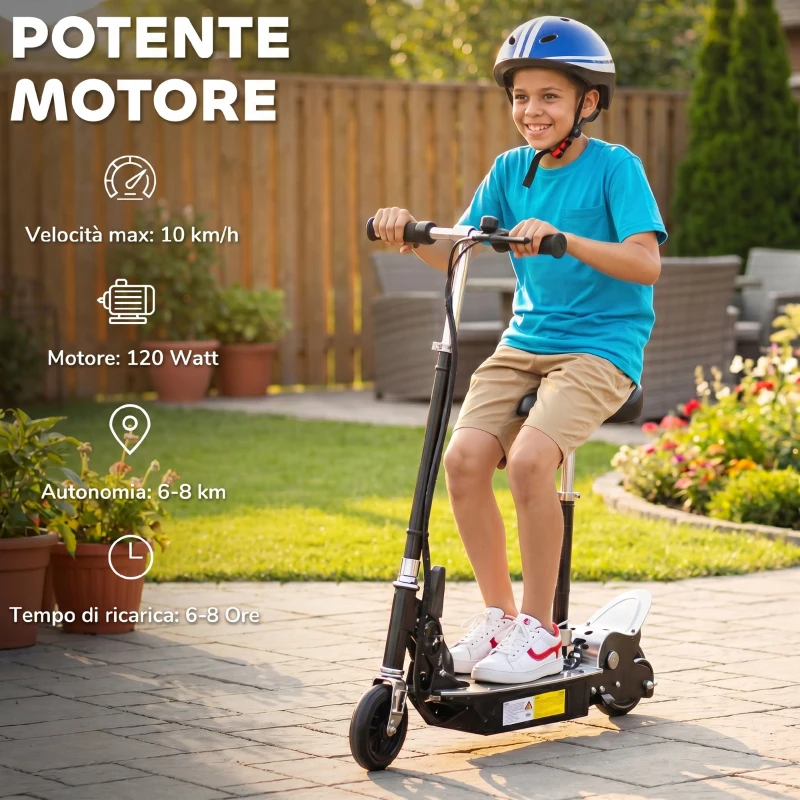 HOMCOM Monopattino Elettrico Pieghevole con Sella, 2 Ruote e Manubrio Regolabile, Bambini da 6 Anni, 81.5x38x94 cm, Nero