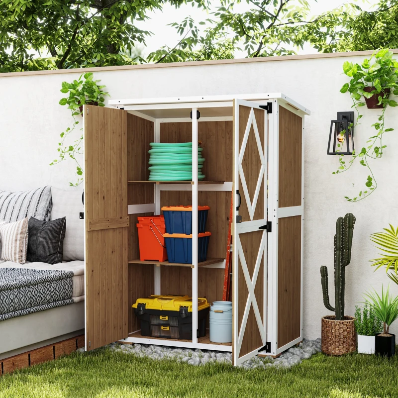 Outsunny Capanno da Giardino in Legno di Abete con 2 Ripiani e 2 Porte, 116.5x57x159/167 cm, Marrone e Bianco