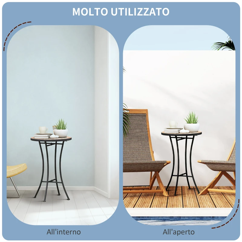 Outsunny Tavolino Rotondo per Esterni con Piano in Ceramica a Mosaico, in Metallo, Ø35.5x53.5 cm, Multicolore