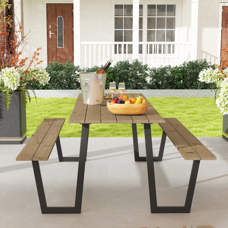 Outsunny Ensemble table et bancs en bois de brasserie, table de pique-nique en bois avec banc, 175 cm, trou pour parasol, marron