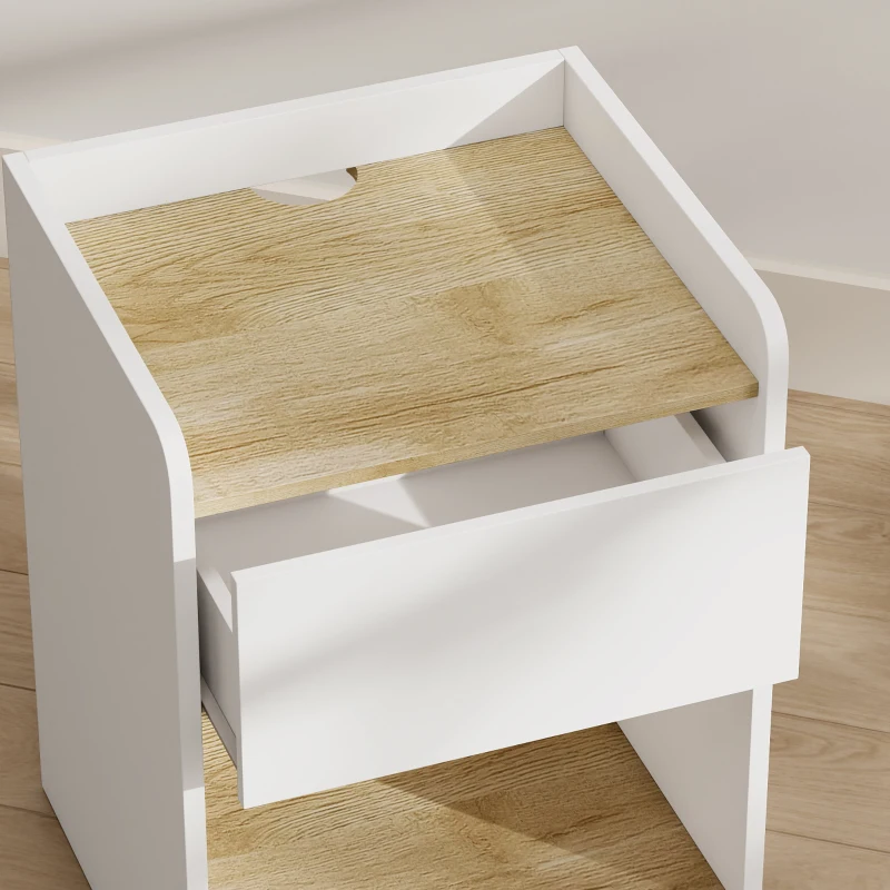 HOMCOM Mesa de Cabeceira Moderna Mesa de Noite com Gaveta com Corrediças Nicho Tampo Passa-cabos 42x37x55 cm Branco e Carvalho