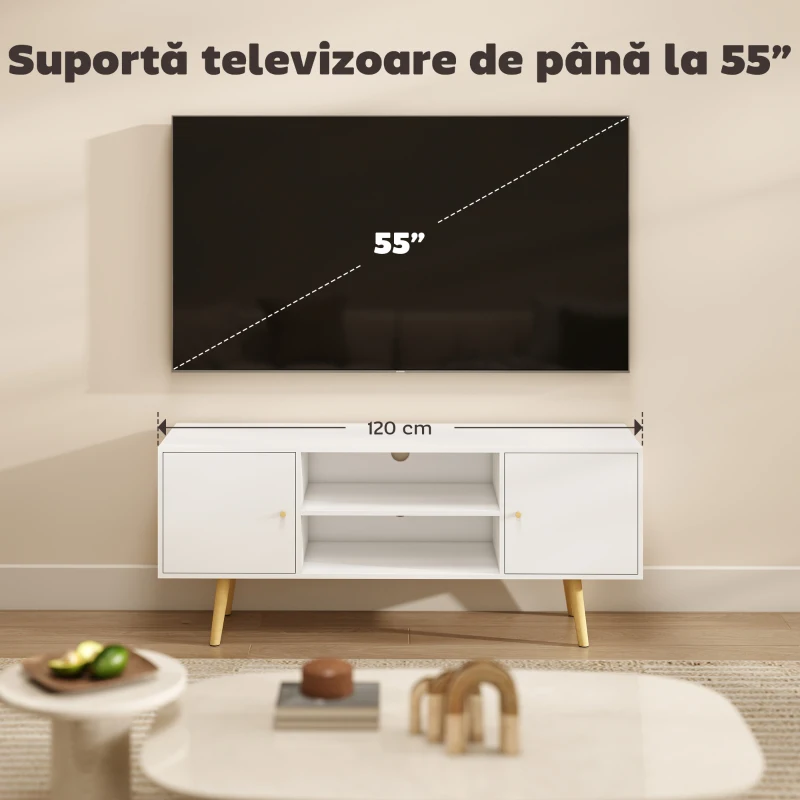 HOMCOM Mobilă TV pentru televizoare de până la 55 inch, cu 2 dulapuri și 2 rafturi deschise, din lemn și PAL melaminat, 120x34x50 cm, alb