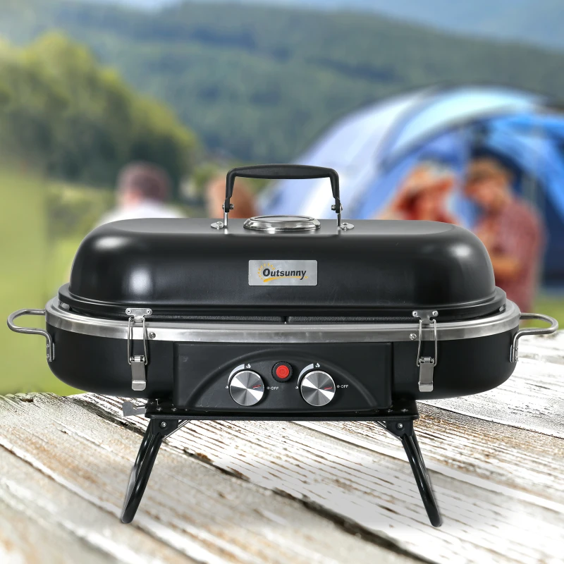 Outsunny Foldable Gas BBQ Grill, 2-Burner Table Top Barbecue with Lid, Piezo Ignition, Thermometer for Camping, Picnic Cooking - Aluminium Alloy