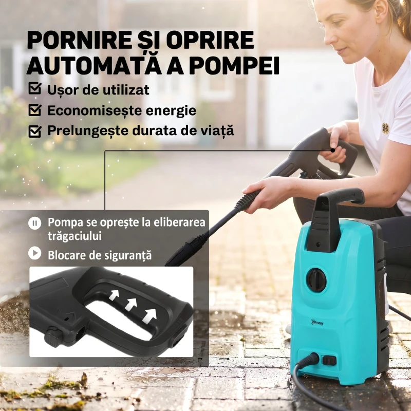 Outsunny Mașină de Spălat cu Presiune 1500 W, 120 Bari, Debit 390 L/h, Electrică cu Duza Reglabilă, Albastru