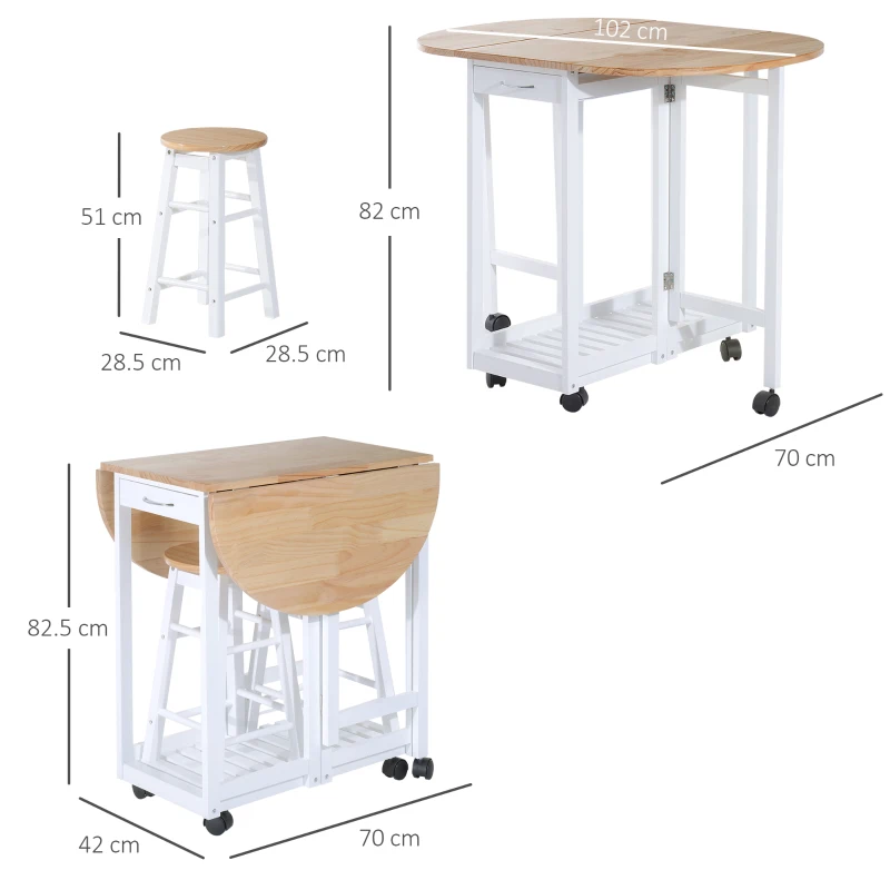 HOMCOM 3 Pieces Dining Room Set, Mobile Foldable Dining Table and 2 Stools with Storage Shelf, 2 Drawers and 6 Wheels, Drop Leaf Bar Table and Stools for Home Kitchen Pub, White