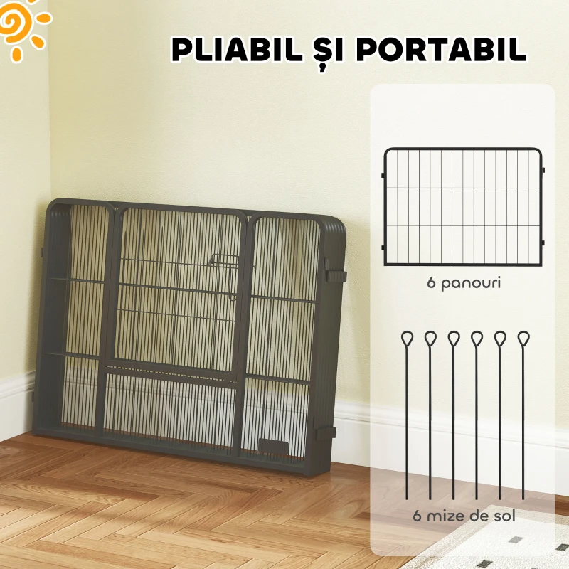 PawHut Țarc pentru Câini cu 6 Panouri Modulabile de 80x1.5x60 cm din Oțel Gri Închis cu Ușă de Intrare