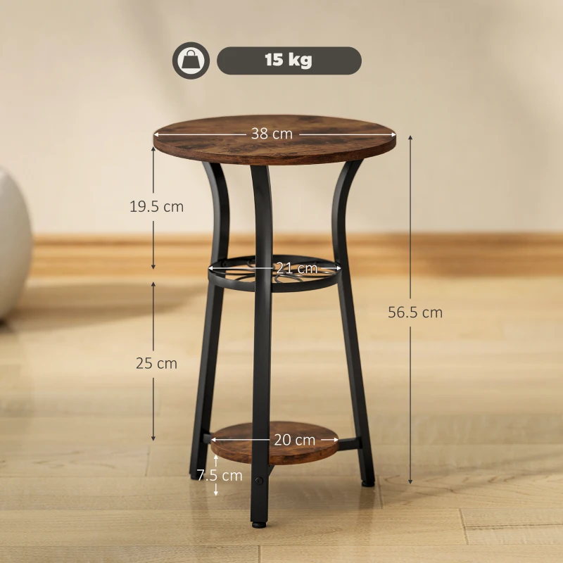 HOMCOM Small Round Side Table with 3 Storage Shelves - Rustic Brown