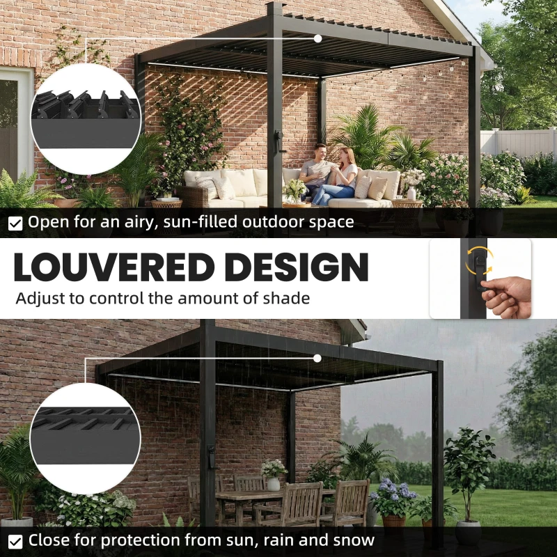 Outsunny 3 x 3 m Louvered Pergola with Solar LED lights, Metal Roof, Patio Gazebo Pergola Canopy with Drainage Gutters, Black