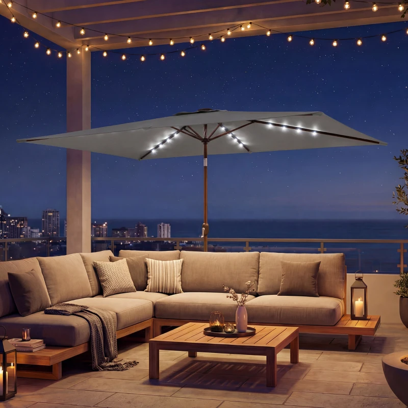 Outsunny 3 x 2 m Garden Parasol Umbrella with LED Solar Light, Parasol Cover, Outdoor Market Patio Umbrella, Dark Grey