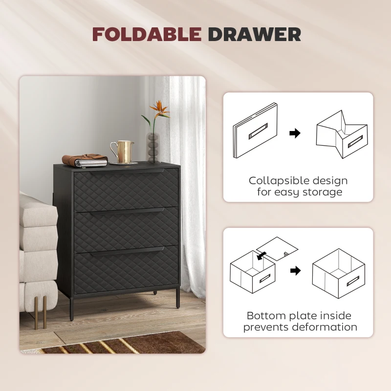 HOMCOM Chest of Drawers, Dresser with 3 Fabric Drawers and Aluminium Handles - Black
