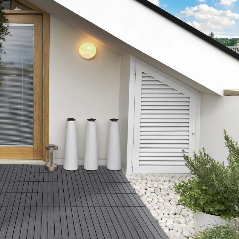 Outsunny WPC Interlocking Decking Tiles, Pack of 11 Interlocking Patio Paving Slabs, 30 x 30 x 2.2 cm, Grey