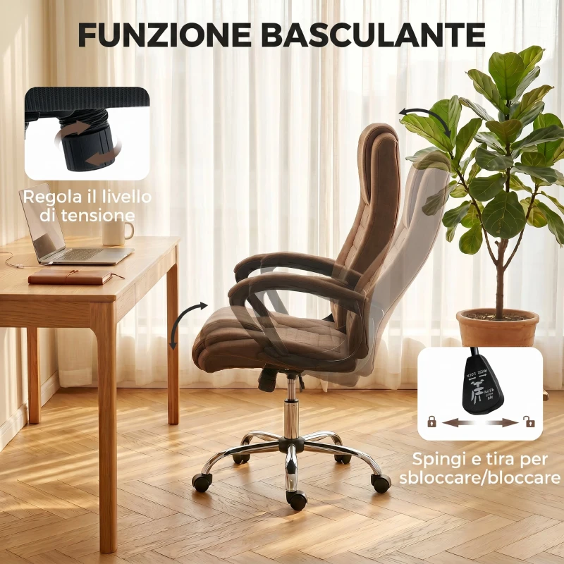 Vinsetto Sedia da Ufficio Ergonomica Reclinabile e Girevole in Tessuto Effetto Lino con Poggiatesta, Marrone