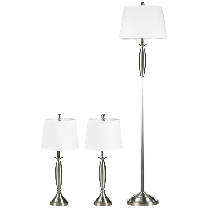 HOMCOM Set con Lampada da Terra e Lampada da Tavolo in Acciaio e Tessuto, Bianco e Argento