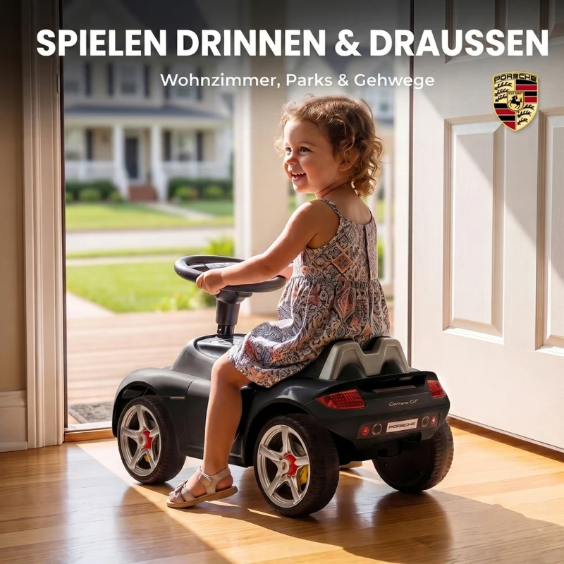 AIYAPLAY Rutschauto Kinder Porsche Rutschfahrzeug mit Hupe Licht Motorgeräuschen, für 18–36 Monate, Mattschwarz