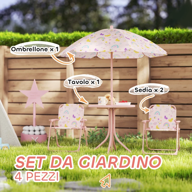 AIYAPLAY Set da Giardino per Bambini 2-5 Anni con Tavolino Rotondo, 2 Sedie Pieghevoli e un Ombrellone, Rosa