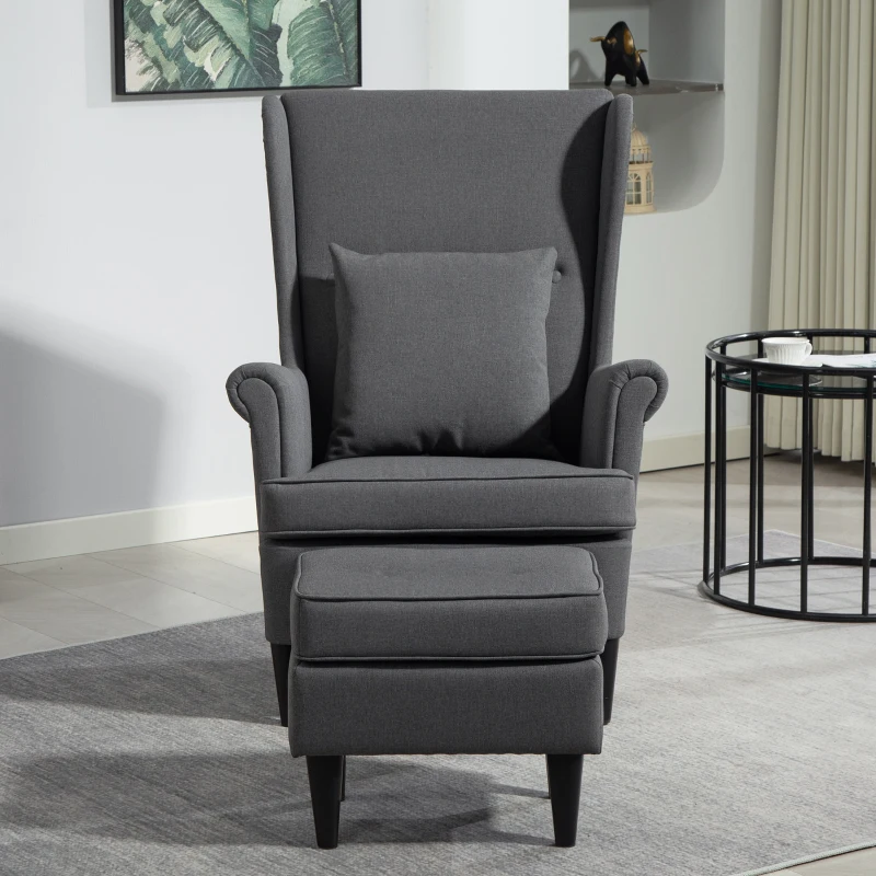 HOMCOM Sillón con Reposapiés Respaldo Alto Capitoné Patas de Madera Almohada Acolchada y Tapizado en Lino Gris
