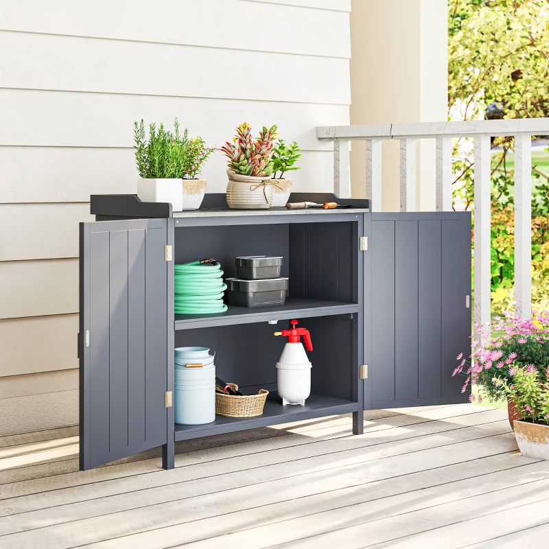 Outsunny Dulap de Exterior din Lemn cu Suprafață din Metal și 2 Rafturi pentru Unelte, 98x48x95,5 cm, Gri