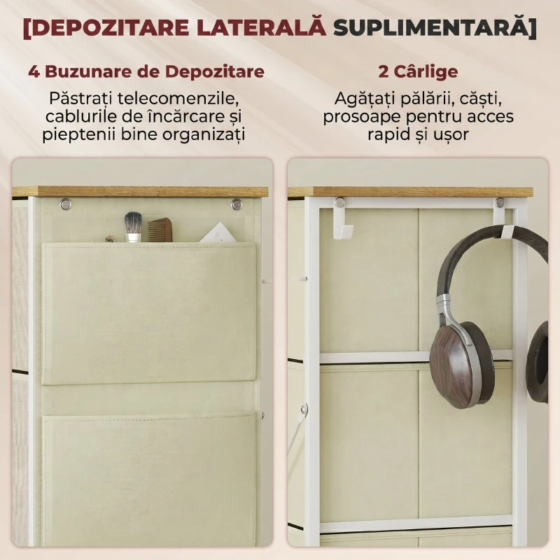 HOMCOM Comodă cu 4 sertare pliabile, 4 buzunare și 2 cârlige, din lemn, oțel și material textil, 45x30x94.5 cm