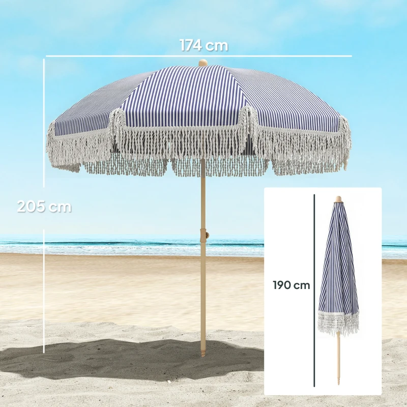 Outsunny 1.7 m Beach Umbrella with Sand Anchor, 30° Tilting Fringed Beach Garden Parasol with Adjustable Height, Blue